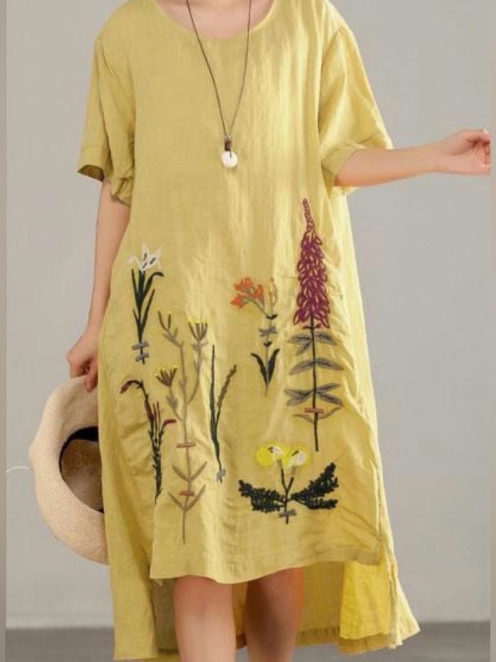 Golden Yellow Linen Cotton Embroidered Floral Lagenlook Dress Fall Boho Artsy XL